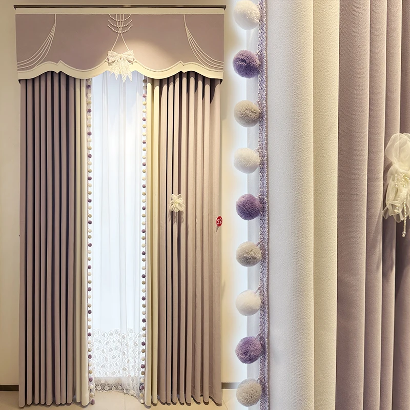 

Custom luxury French modern Nordic simple valance lace window chenille lace pink blackout curtain tulle valance drape M1606