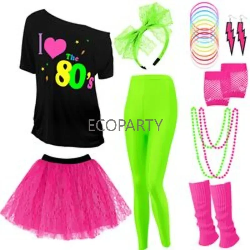 New Women 80s Costume Accessories Set for Halloween Cosplay Retro Party Costume Bracelets Fishing Nets Gloves Earring Necklace image 6