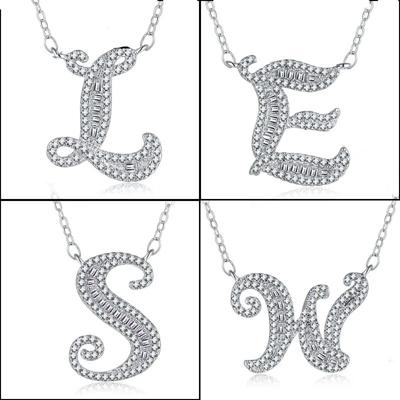 

A-Z 26 Letter 925 Sterling Silver Name Necklaces Pendant For Women Fashion Long Chain Necklaces CZ DIY Jewelry Anniversary Gift