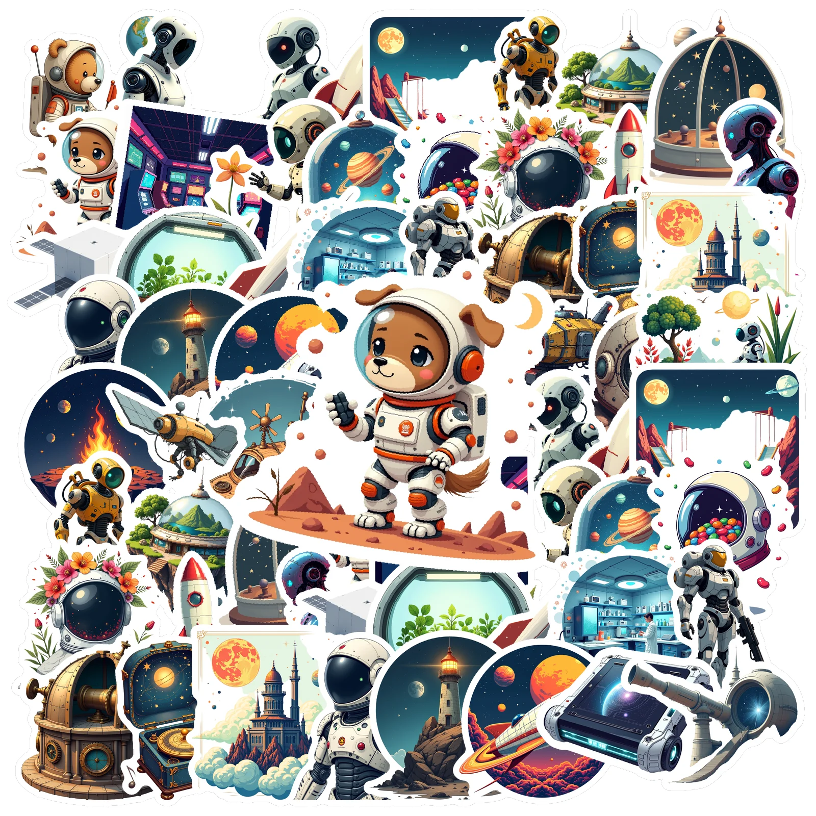 Multicolor Astronaut, Robot & Space Stickers - Waterproof Vinyl Decals for Laptops, Notebooks & More! Sci-fi & Cartoon Designs.