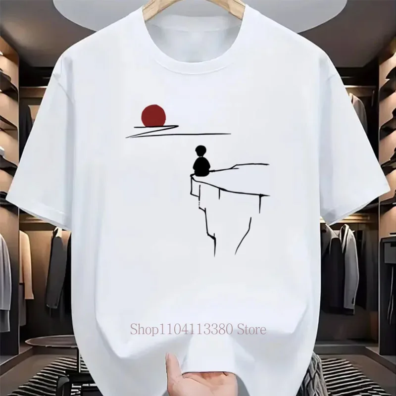 A Boy Cliff Meditation Print T-shirts for Men Summer Casual Fashion Harajuku Japanese Style Crew Neck Short Sleeve T-shirts