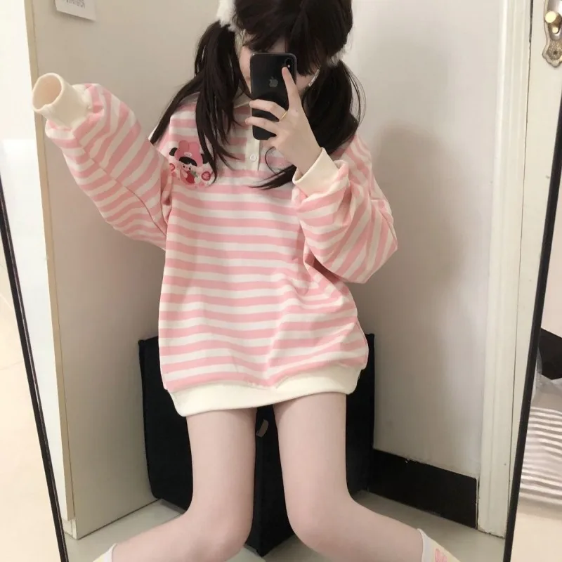 HOUZHOU Kawaii Pink Striped Sweatshirt Women Japanese Style Y2k Cartoon Print Polo Collar Long Sleeve Hoodies Loose Pullover