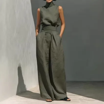 

Женский летний повседневный костюм-двойка: топ без рукавов с круглым вырезом и поясом, однотонный, широкие брюки. Новинка.