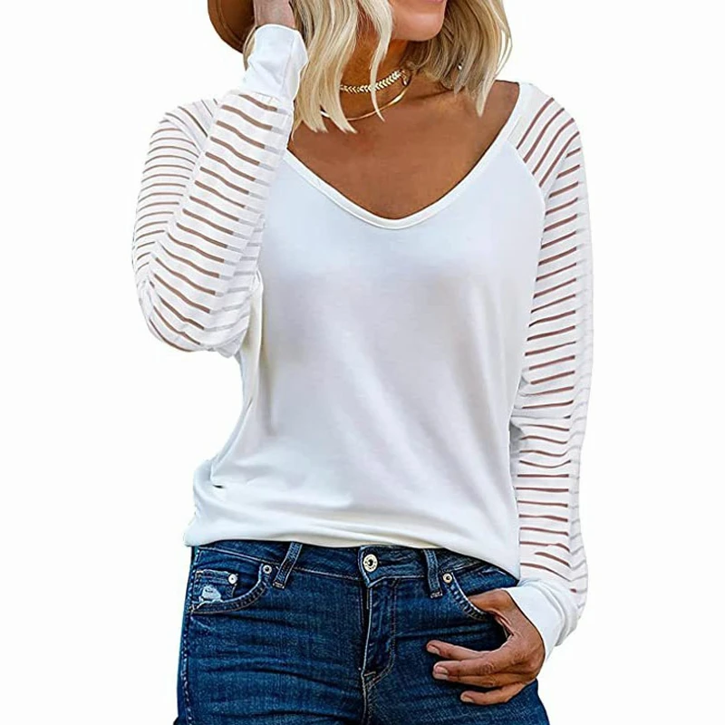 

Women's Long Sleeve Tops Ladies Comfy Striped Soft Tunic T Shirt Solid Colour Elegant V Neck Essentials Blouses Top