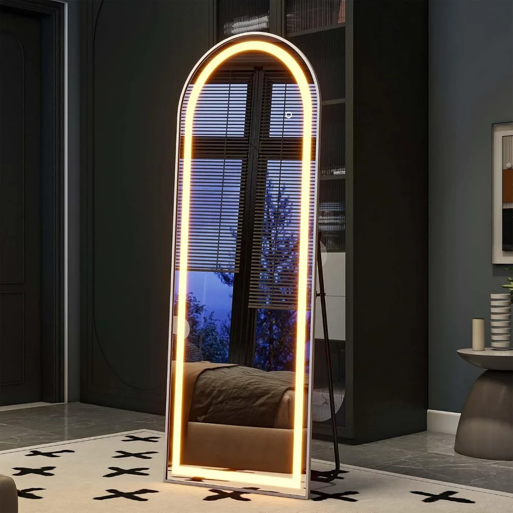 Arched Full Length Mirror with Lights, Dimming & 3 Color Lighting, Stand, Explosion Proof, Easy Installation, Floor Mirror