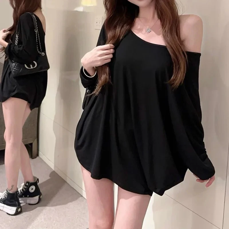 

New Arrival Women's Solid Color Oversized Off Shoulder Batwing Sleeve Baggy Casual Tee Korean Fashion Top Fall