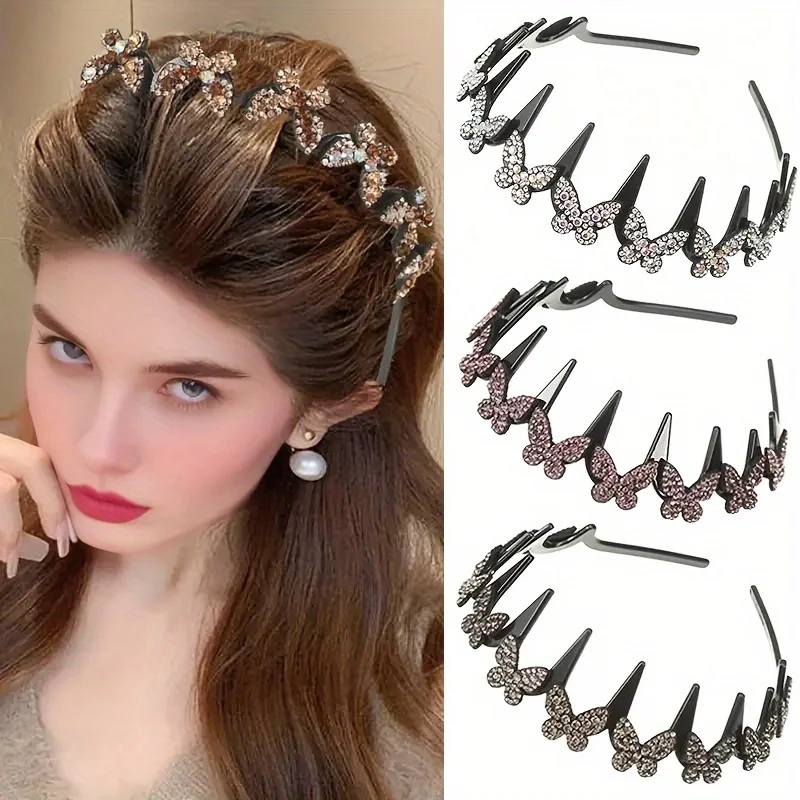 Welliges Stirnband, Strass-Schmetterlings-Stirnband, prächtiges Stirnband, ganztägiges Haar-Accessoire, hält Flyaways für Damen, Erwachsene, Teenager – Detail 1