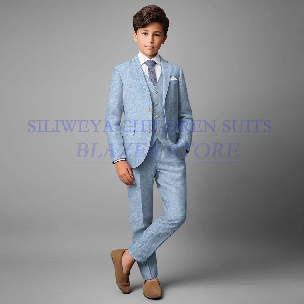 

High Quality Line Blue Boy's Sets Elegant Wedding Single Breasted Notch Lapel Slim Fit 3 Piece Jacket Pants Vest Luxury Clothes