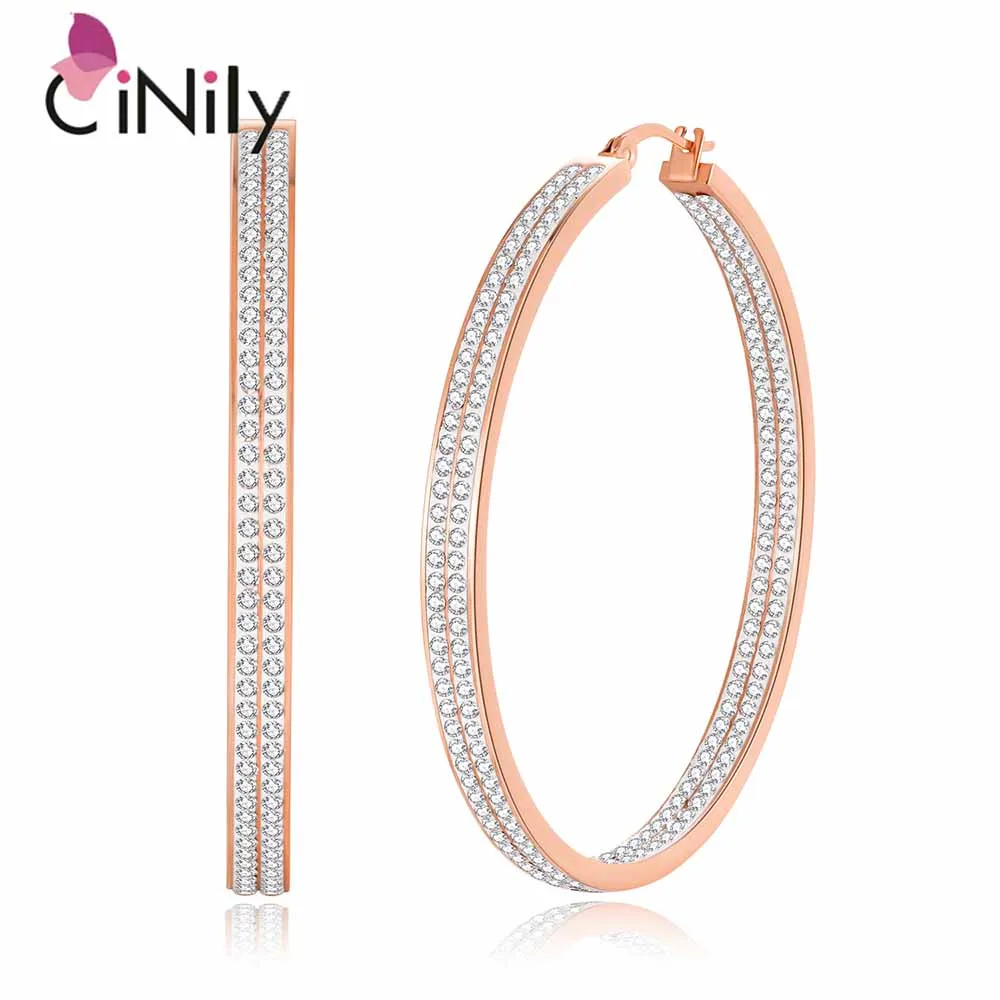 CiNily Stainless Steel Double Layer Cubic Zirconia Hoop Earrings Silver/Rose Gold Plated Large Earrings For Women Girls Party