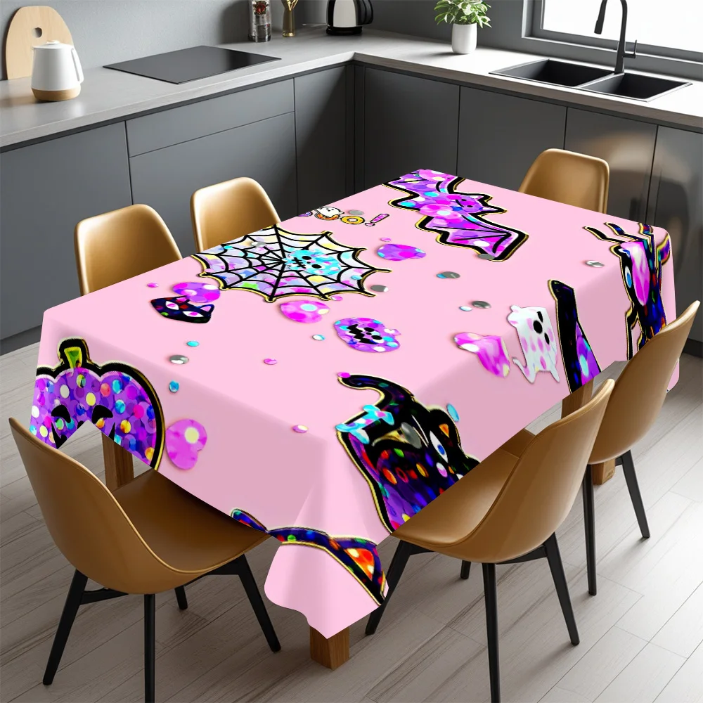 Pink Halloween Rectangle Tablecloth Sequin Pumpkin Ghost Bat Spider Web Table Cloth Waterproof Halloween Dining Party Decor
