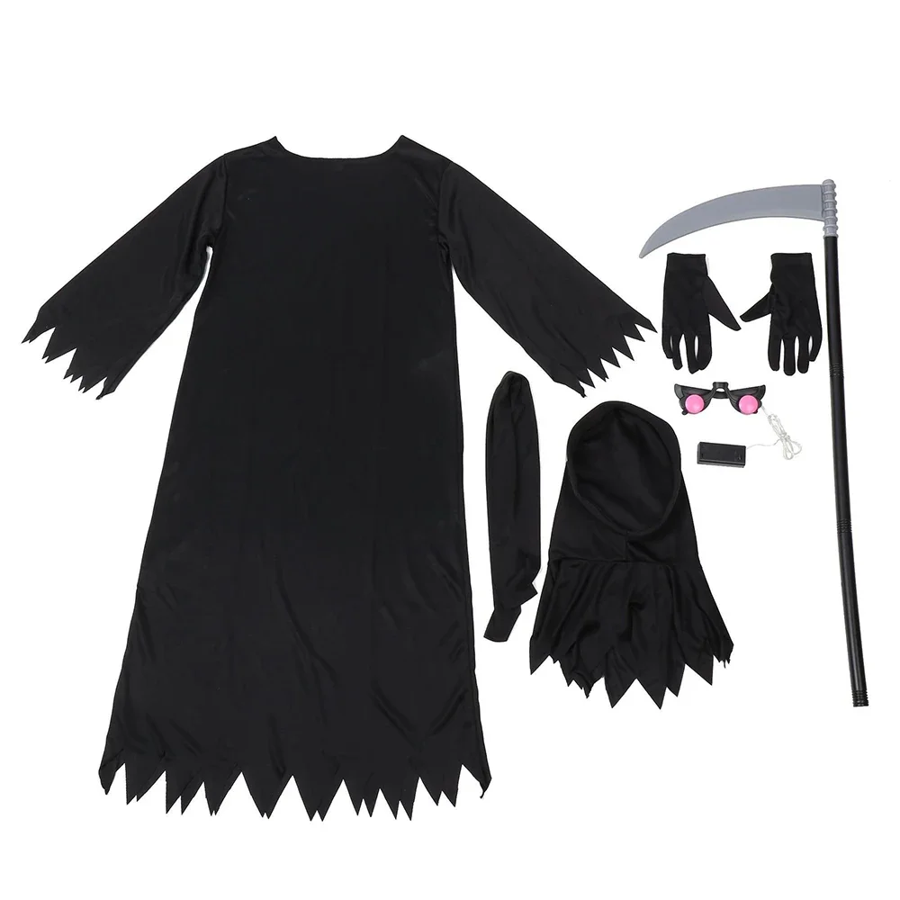 Sydanne Kids Horror Death Dress Jumpsuit Red Luminous Glasses Sickle Black Robe Grim Reaper Cosplay Costume Halloween Costume