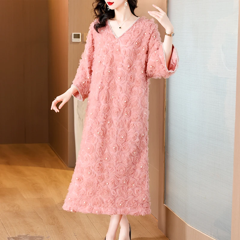 2024 Pink Velvet Patchwork Jacquard Midi Dress Women Chic Elegant Luxury Dress Autumn Winter Korean Vintage Hepburn Night Dress