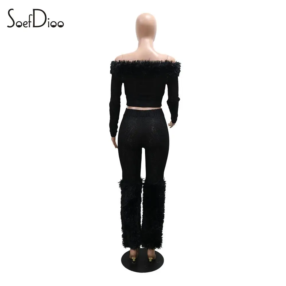 Soefdioo Fur Patchwork 2Piece Sets Womens Outfits Black Off Shoulder Full Sleeve Crop Tops+Pants Matching 2025 Midnight Clubwear