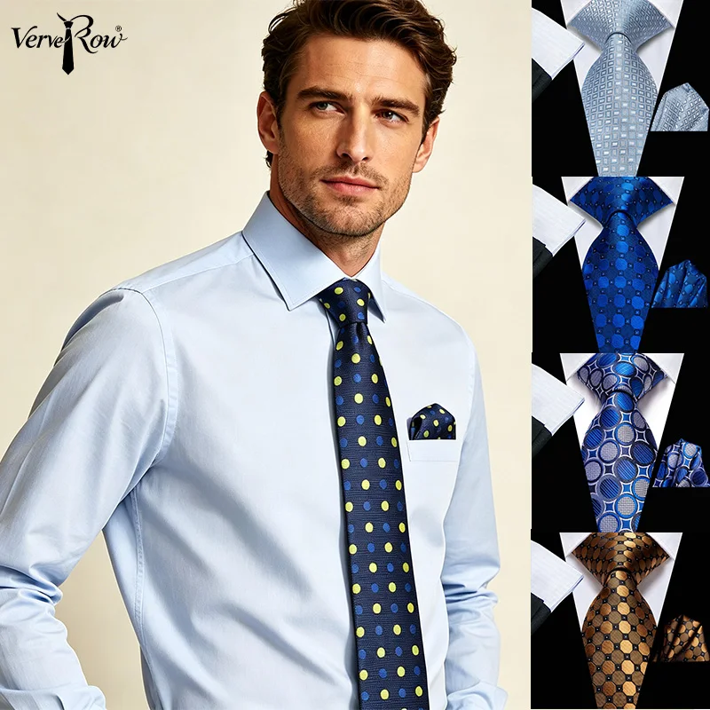 VerveRow Men Navy Polka Dot Tie with Pocket Square, Fashion Dots Pattern Necktie Set Formal Business Wedding for Gentlemen