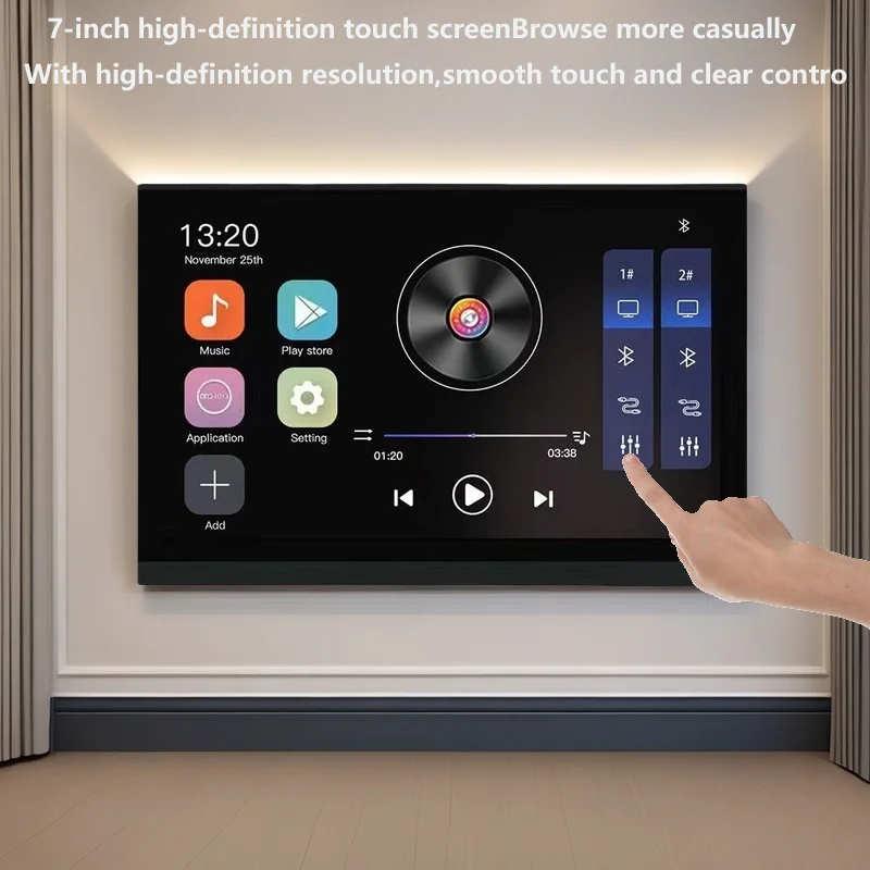 Home 7 inch touch screen 2zone audio volume wall power amplifier WIFI Bluetooths sound control panel Android music player system