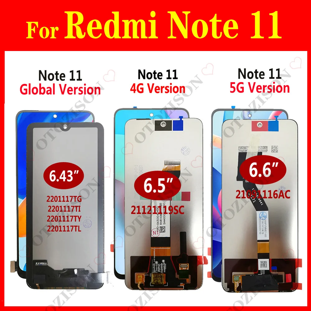 LCD met frame voor Xiaomi Redmi Note 11 Global 2201117TG 2201117TI 2201117TY 2201117TL / Redmi Note 11 4G 21121119SC / Redmi Note 11 5G 21091116AC wereldwijd scherm Touch Digitizer