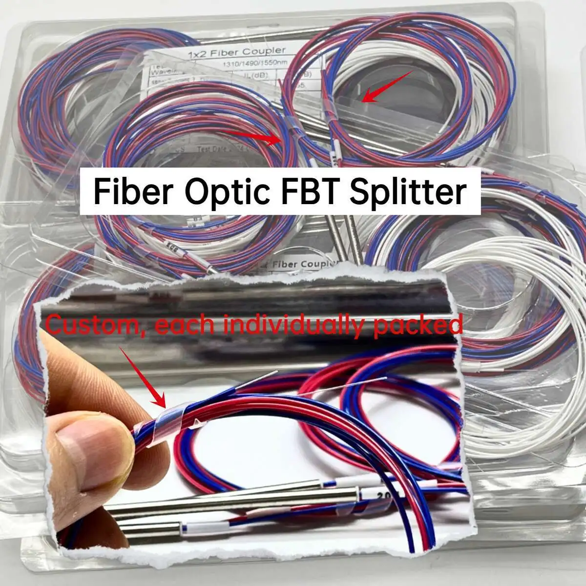 100 Uds divisor FBT de fibra óptica 10/90 20/80 30/70 40/60 50/50 varios tipos 1x2 0,9mm acoplador desequilibrado sin conectores