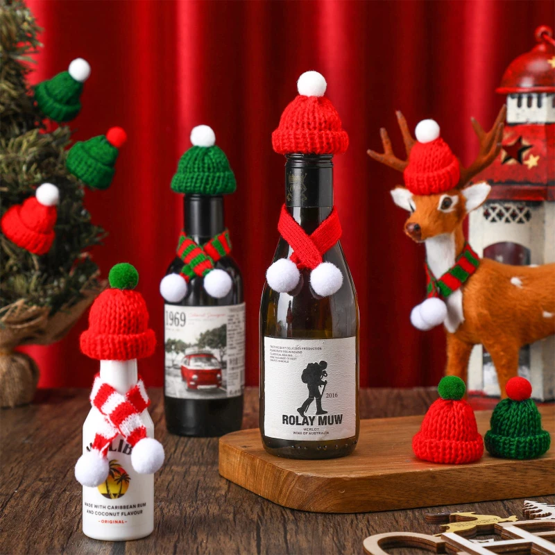 10pcs/20pcs Mini Santa Hat Christmas Scarf 2024 New Hat Scarf Lollipop Wine Bottle DIY Xmas Party Home Dinner Table Decoration