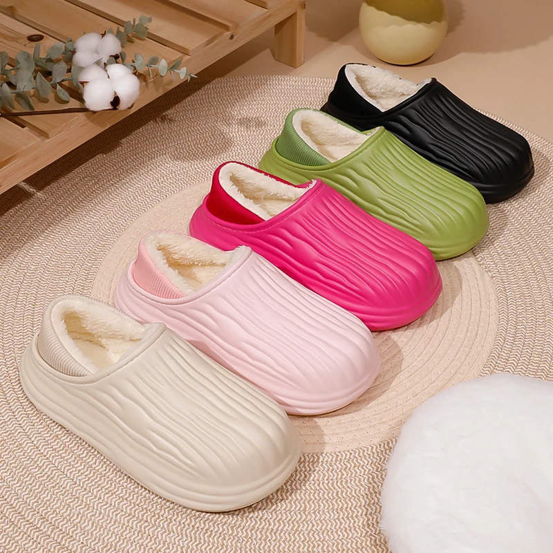 Couple Ankle Boots Women's Stripe Fluff Eva Waterproof Slippers Soft Heel Non Slip Plush Booties Indoor Winter House Shoes