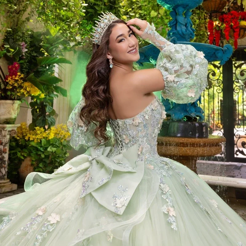 Hortelã verde vestidos de baile quinceanera vestidos bling querida contas applique renda vestido de baile tule doce dezesseis vestidos