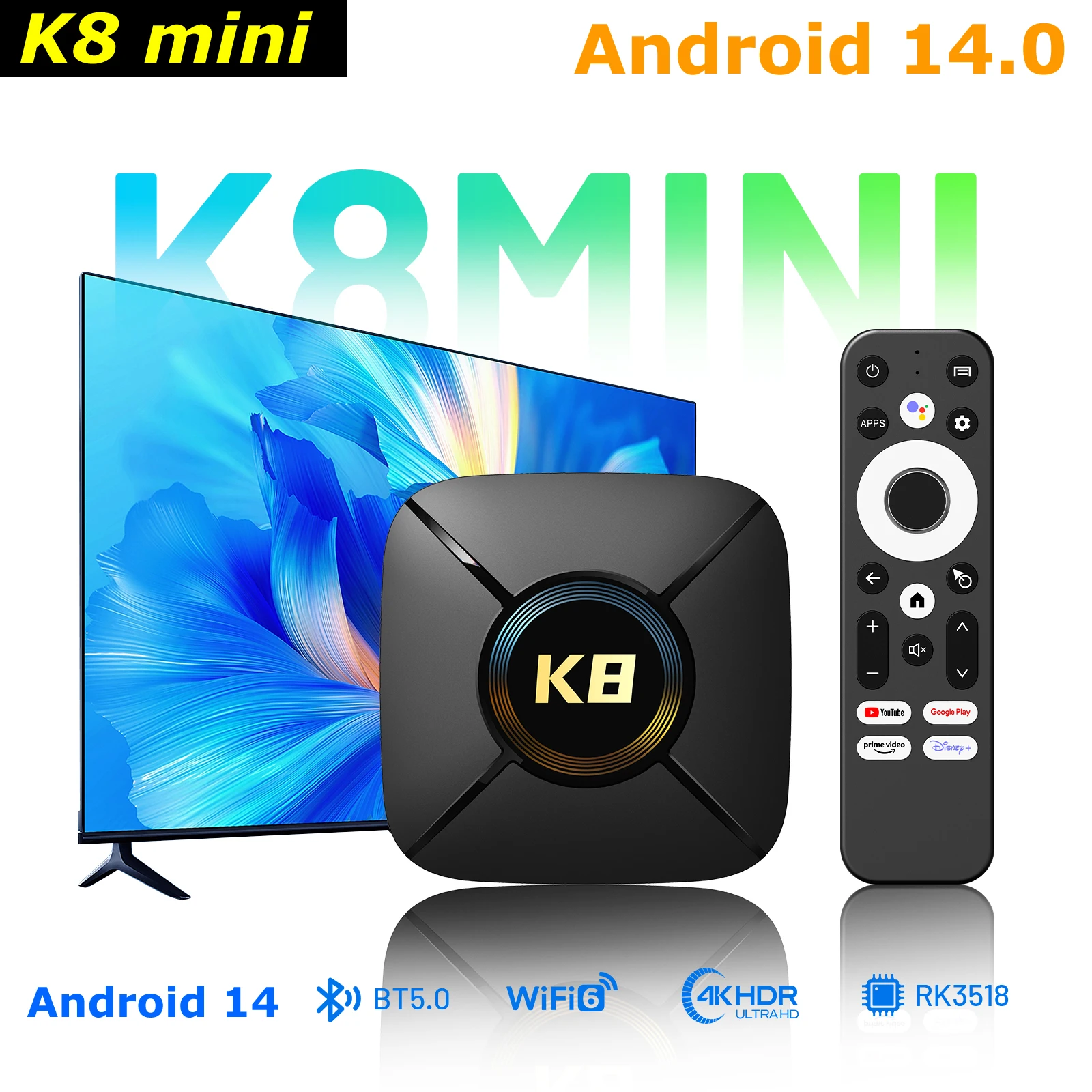 

Android 14 TV Box K8 mini Rockchip RK3518 2GB 32GB Wifi6 Dual WIFI BT5.0 USB3.0 BT Voice Control 4K Set Top Box