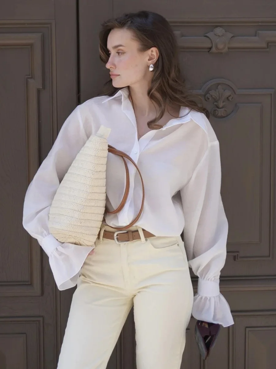 Blubelle 2026 Spring Summer Women's New Long Sleeve Shirt Tencel flare Sleeves turn-down Collar Top Loose Casual Shirt