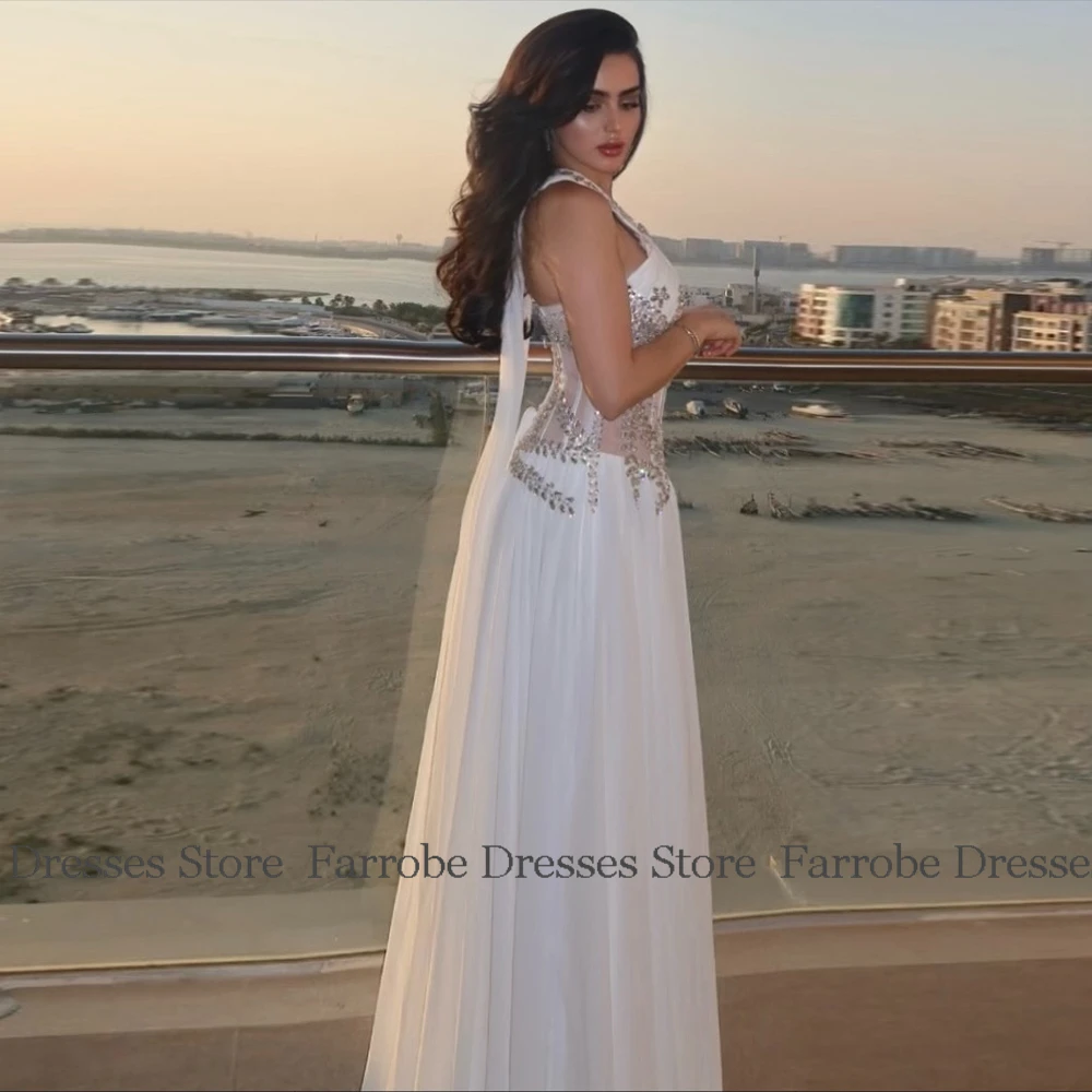 豪華な女性のイブニングドレス シフォン Aライン セレブドレス ホワイト ラインストーン シャーリング ワトー トレイン 女性 セレモニードレス