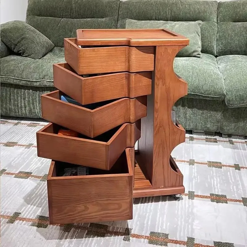 Retro Solid Wood 5 Drawer Cabinet with Wheels Wavy Design Artistic Storage Unit for Living Room