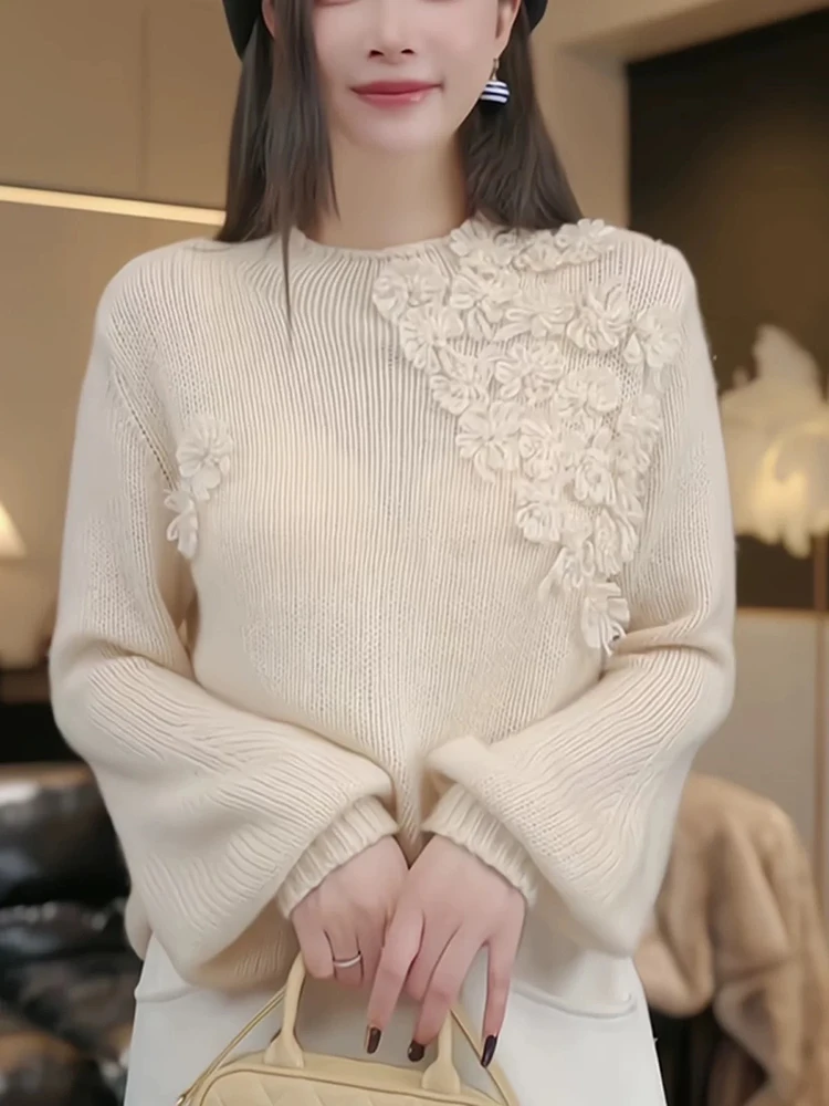 [ZOCI] 2024 3D Flower Heavy Industry Knitted Sweater Women's Autumn French Sweater New Long Sleeve New Fashion