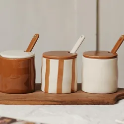 Vintage Ceramic Stripe Seasoning Jar with Spoon Meter Kitchen Supplies Exquisite Storage Box Chili Spice Food Container Decor