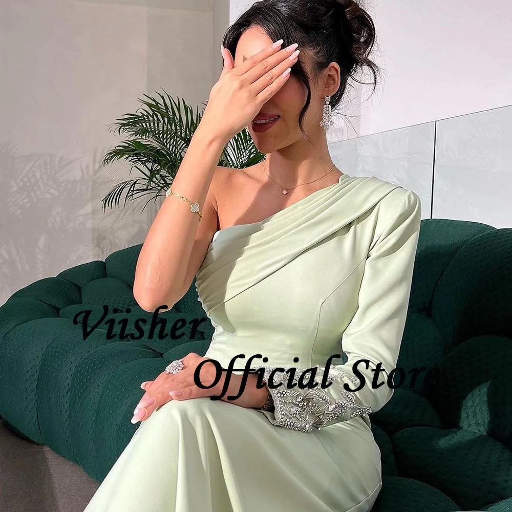 Viisher Green Mermaid Evening Dresses One Shoulder Beads Satin Elegant Arabic Dubai Prom Dress with Train Formal Party Gowns