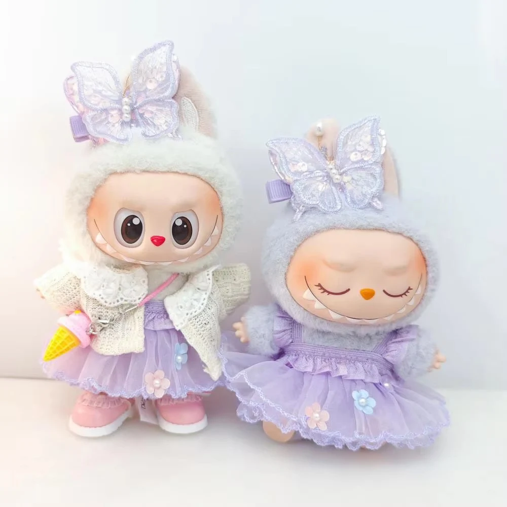 For 15-17 Cm Labubu V1 V2 V3 Baby Clothes Princess Purple Butterfly Fairy Skirt Cardigan Set Decoration Accessories