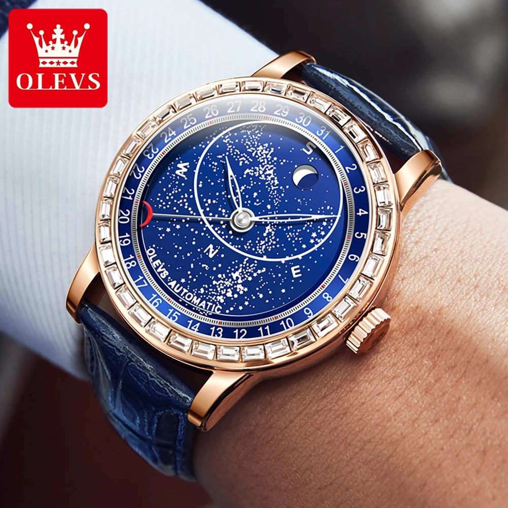 OLEVS 9923 Upgraded Men\'s Automatic Mechanical Watch Rotating Second  Moon phase Blue Starry Sky Luminous Waterproof Wristwatch