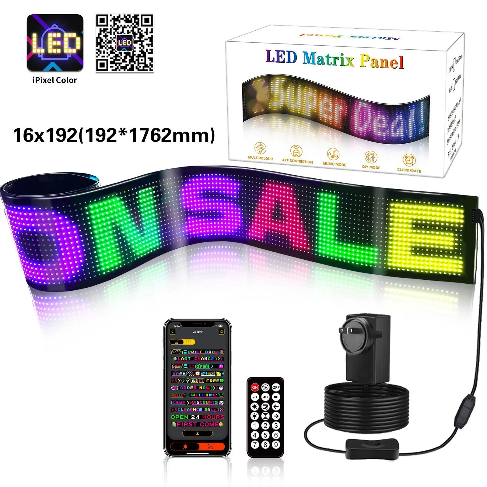 Programmable Led Sign 16*192 Dots Flexible Scrolling LED Display Panel Custom Advertising Animations Graffiti Bluetooth APP