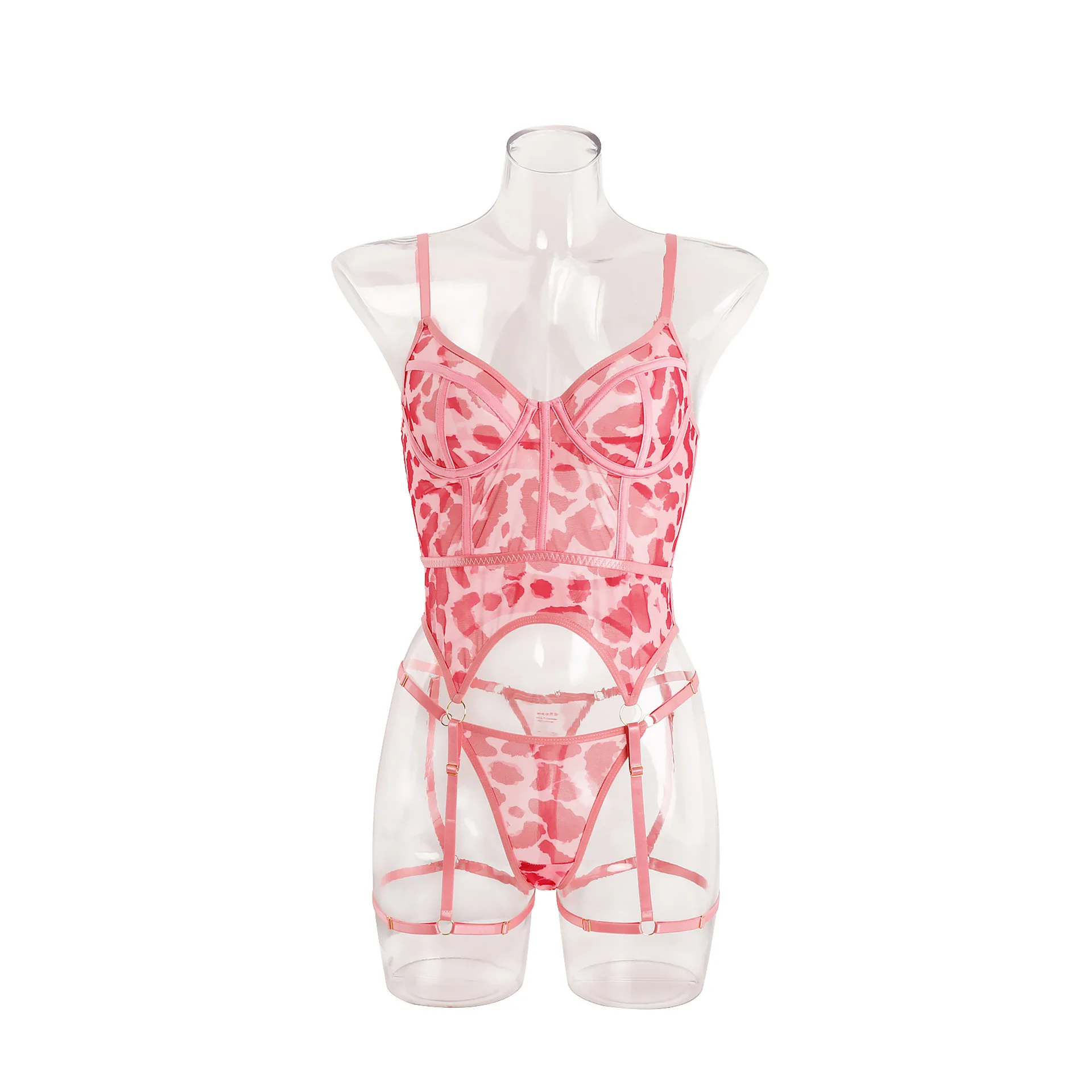 Ensemble de Lingerie léopard en dentelle transparente, Corset, soutien-gorge et culotte, sous-vêtements sans entrejambe, tenue Sexy pour femme, Kit fantaisie intime et exotique
