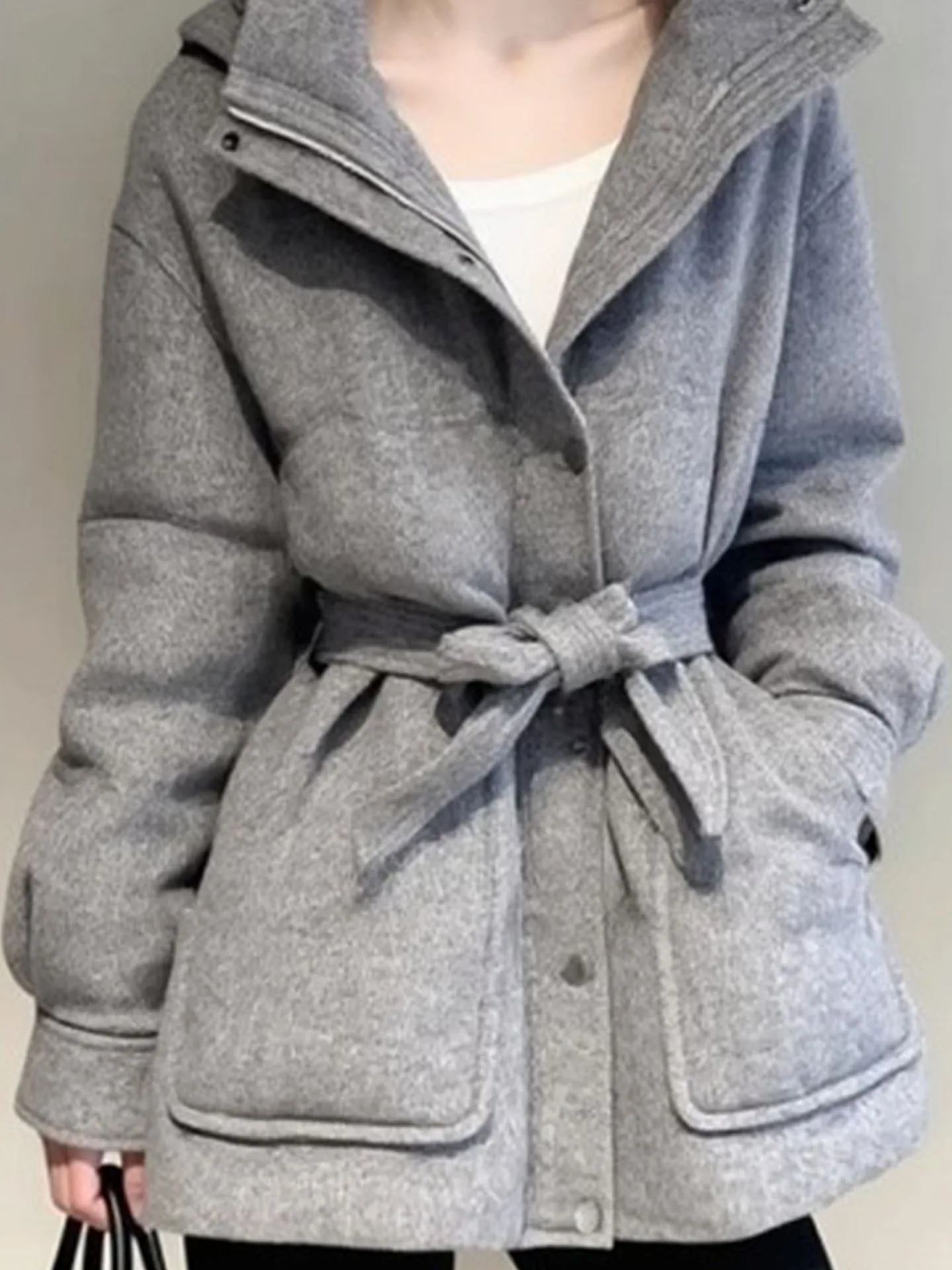 Ele ey Casaco feminino de comprimento médio com capuz Jaet Thi quente e emagrecedor casual Sle Stand Fit branco Du down