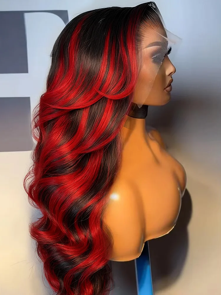 

1B/99J Black and Red Wig 30 Inch Highlight 5x5 Glueless 99J Burgundy Body Wave Colored Transparent Lace Closure Wigs Human Hair