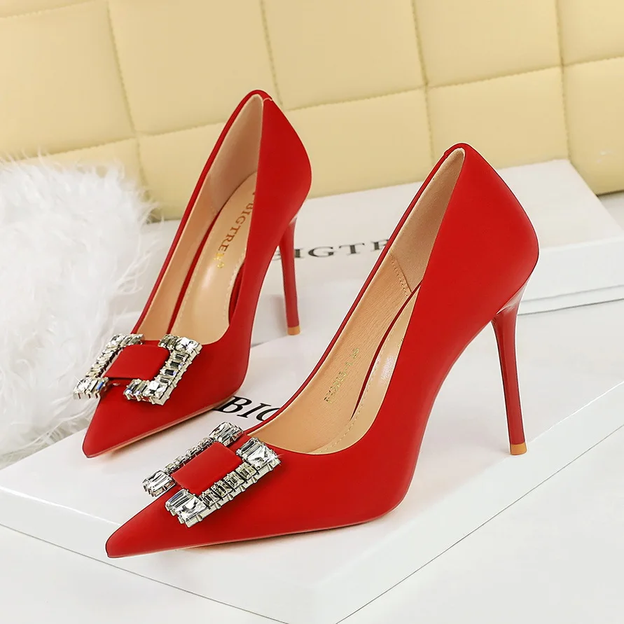 

Women's Shoes 10cm Fashion Sexy High Heel Shoes Satin Shallow Mouth Square Buckle Rhinestone Pointed Stiletto Heels Single Shoes