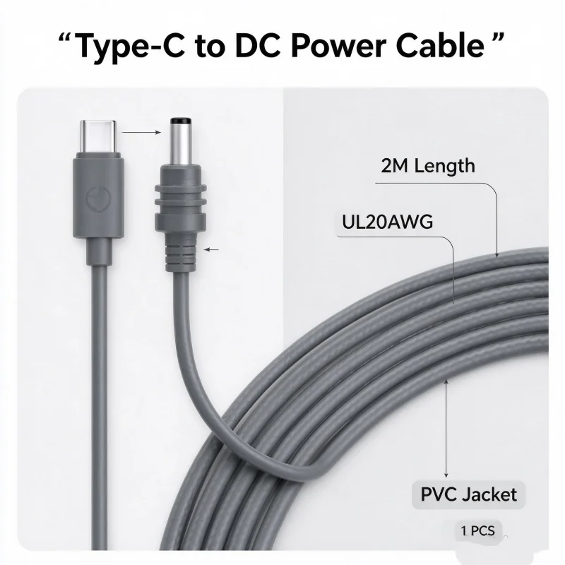 2M UL20AWG Type-C Male to DC Power Cable PVC Power Cord for Starlink Satellite Internet Router Power Line 1PCS