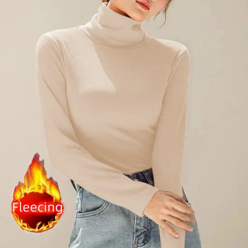 Women Shirt And Blouse Winter Fleecing Thickening Velvet Basic High Neck Warm Top Solid All-Match Sweet Elegant Casual T-Shirt