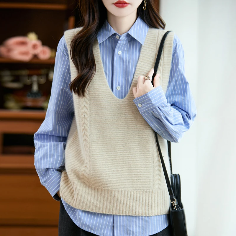 

Autumn Winter Women's 100% Merino Wool Pullover Vest Sweater V-neck Knitwear Cashmere Soft Korean Style Sleeveless Clothes Top