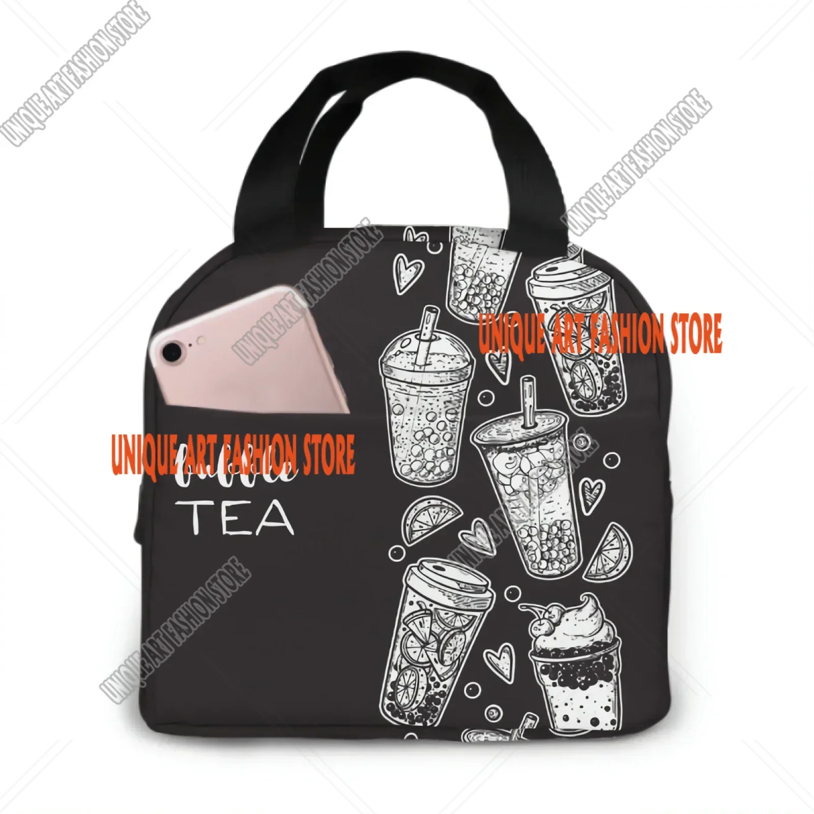 Bubble Tea Hand Drawn Cocktail Insulated Lunch Bag lunch box containers for Women Men Shopping Office School Picnic