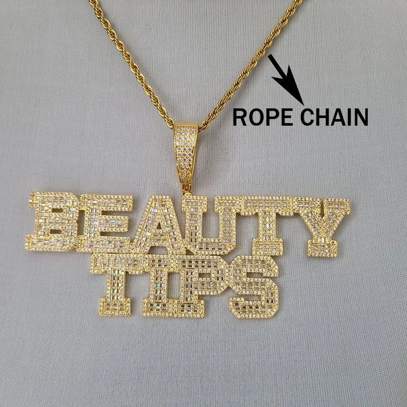 Custom Word Necklace Iced Out  AAAA Zirconia  Baguette  Letters With Big Hoop Cuban Chain Pendant For Men Women Hip Hop Jewelry
