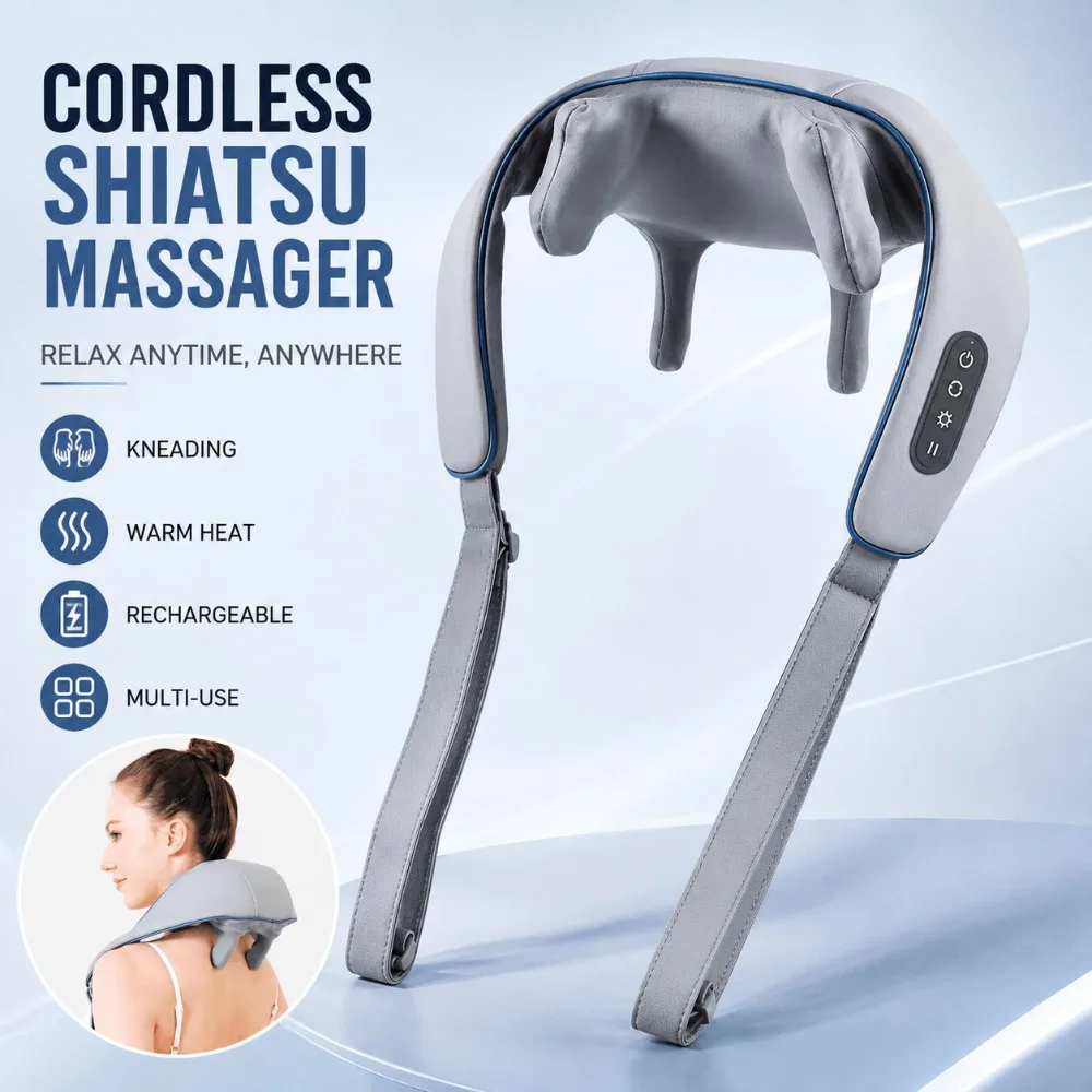 Wireless Neck Shoulder Massager,with Heat,Rechargeable,6D Shiatsu Kneading,Trapezius Muscle Pain Relief,Portable Massage Shawl
