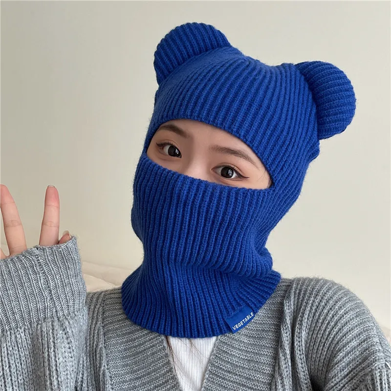 Pasamontañas con orejas de oso para mujer, gorro cálido de lana de cara completa, bufanda para deportes al aire libre, máscara de esquí, gorro,