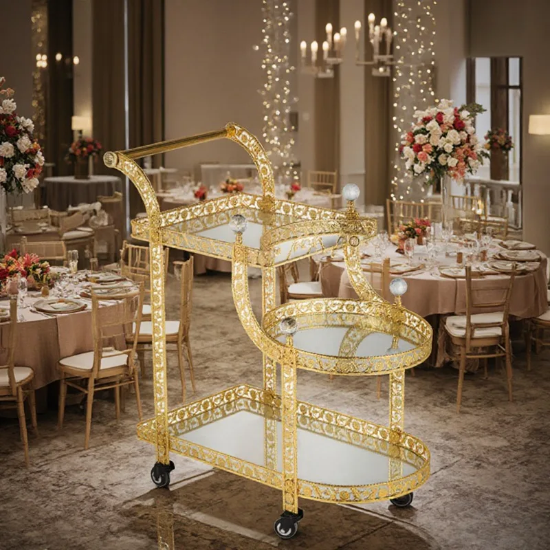 Hotel Dining Cart Metal Trolley Party 3 Tier Gold Wedding Meal Wine Trolley