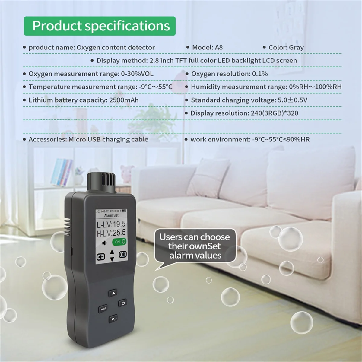A002 A8 Handheld Digital Oxygen Detector Air Oxygen Concentration Alarms Value USB Rechargeable 2.8inch TFT Color LCD Screen