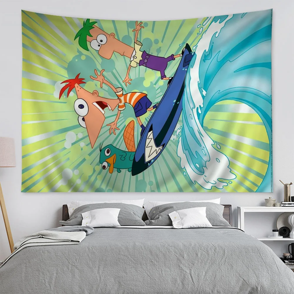 P-phineas Cartoon F-ferbs Anime Tapestry Hippie Flower Wall Carpets Dorm Decor Cheap Hippie Wall Hanging