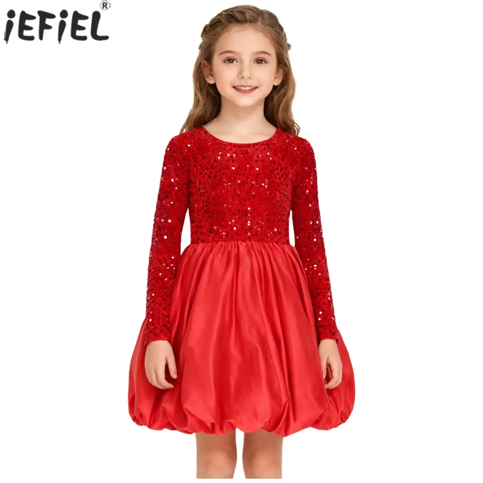 فستان حفلات عيد الميلاد للفتيات الصغيرات مزين بالترتر اللامع وأكمام طويلة من المخمل بحاشية ساتيني فستان لحفلات رأس السنة الجديدة والولائم