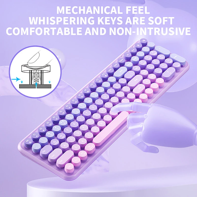 2.4G Wireless Keyboard 106 Keys Battery Powered Retro Round Keycap Colorful Cute Keyboard for Girls, Compatible with Windows